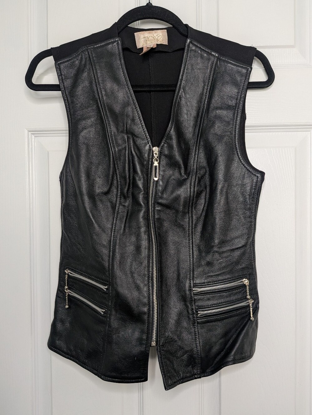 Y2K Vintage Caché Genuine Leather Zip Up Vest Stretchy Back Black S